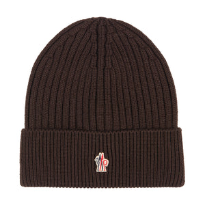 Moncler Grenoble brown wool beanie with small logo badge