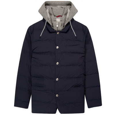 Brunello Cucinelli Bonded Nylon Blazer Style Down Jacket With Detachable Hood Navy