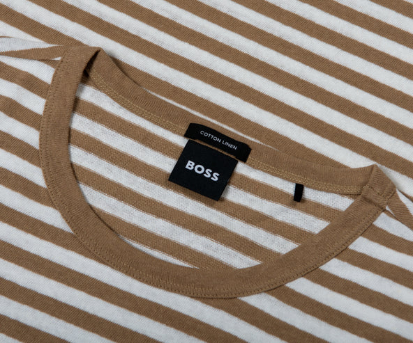 HUGO BOSS Tiburt Striped Linen T-Shirt Brown/White