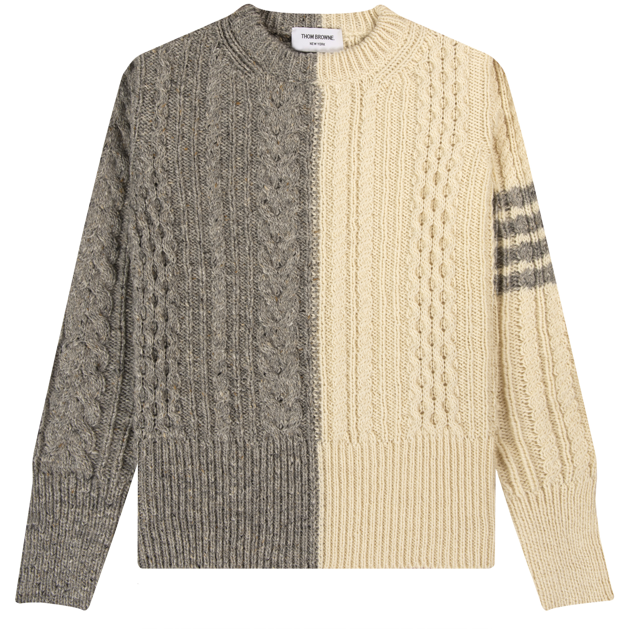 Thom Browne Fun-Mix Aran Cable Donegal 4-Bar Pullover Knit Light Grey/Cream