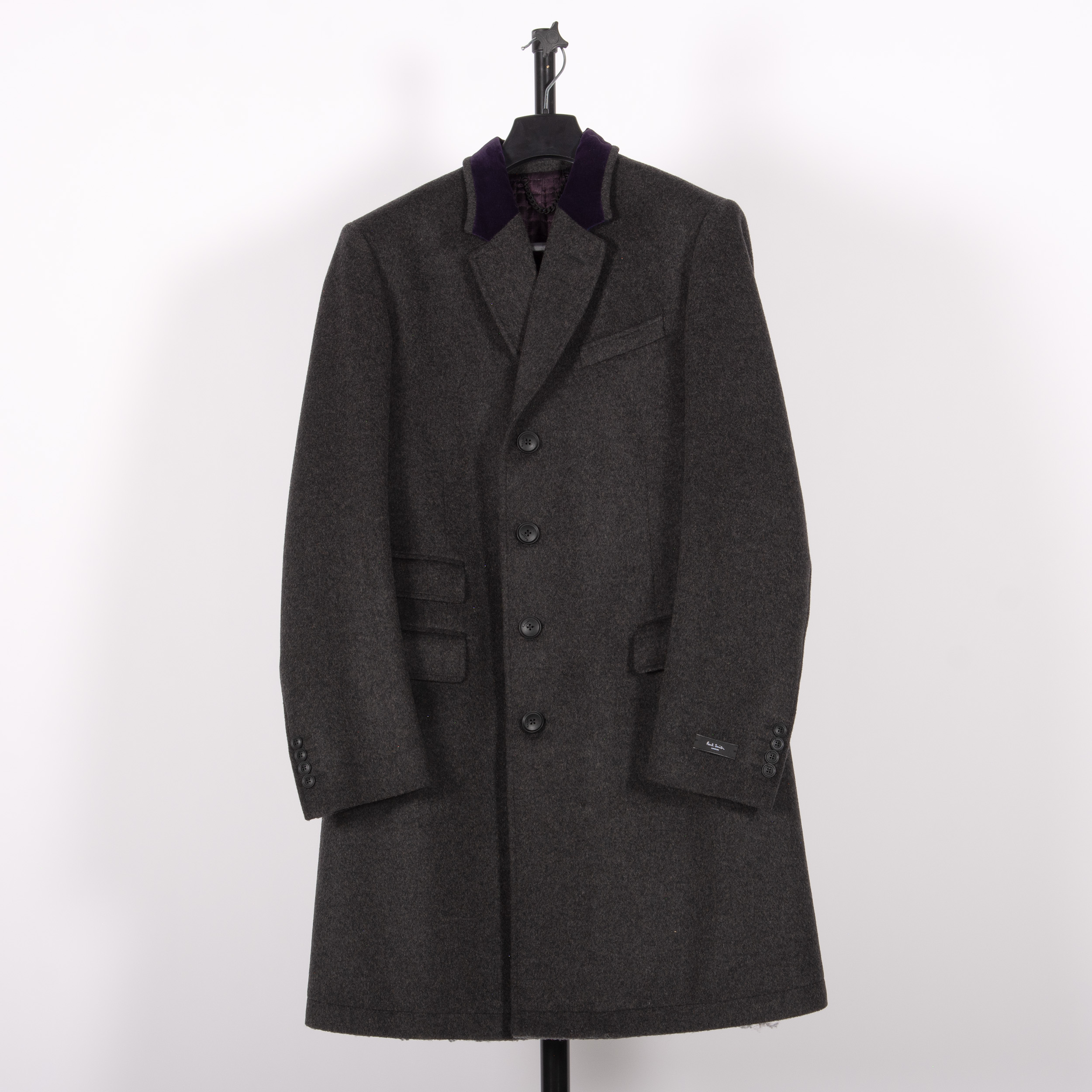 Paul Smith Wool Epsom Overcoat With Purple Velvet Trim Charcoal Grey