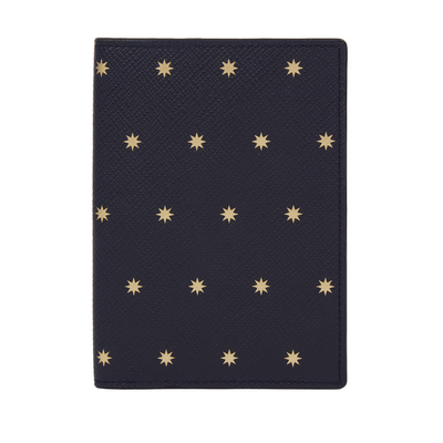 Smythson navy passport cover with stars at Pockets