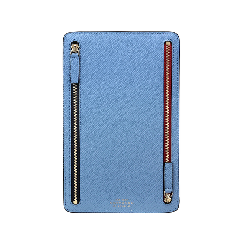 Blue zippered pouch with red zipper pull on a white background