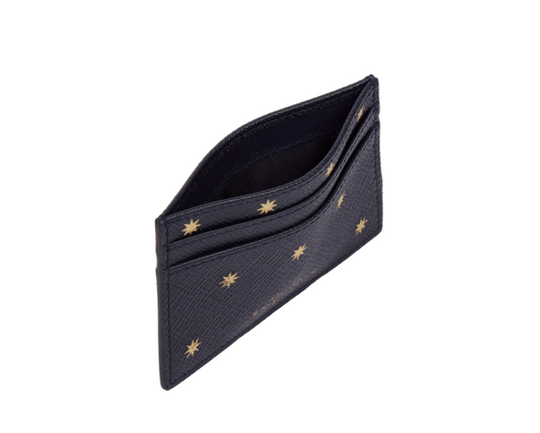 Smythson navy cardholder with gold star patterns
