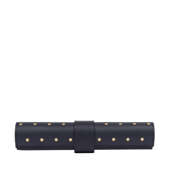 Smythson navy backgammon Roll in Panama with gold star patterns at Pockets