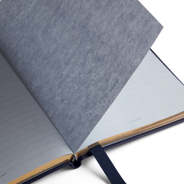 Open Smythson Soho Navy Notebook showing 192 gilt-edged Featherweight pages at Pockets