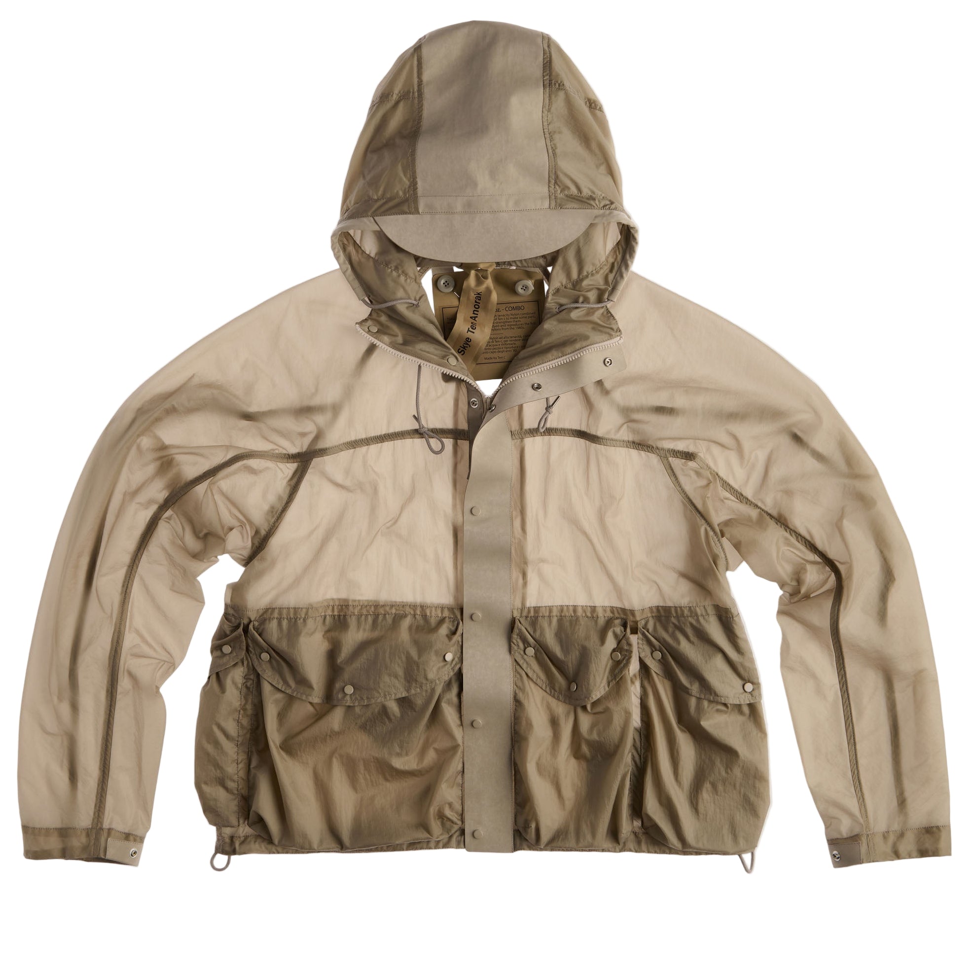 Beige jacket with transparent panels on a light gray background