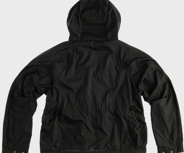 Black jacket with a hood on a white background