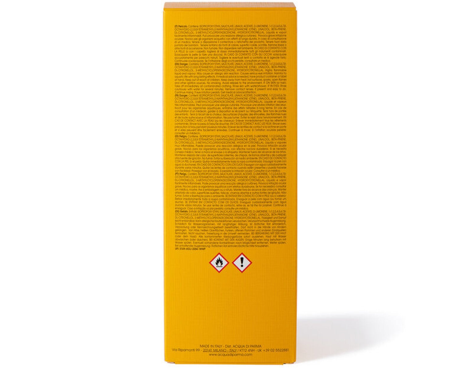 Acqua Di Parma Yellow rectangular box with text and warning symbols on a white background