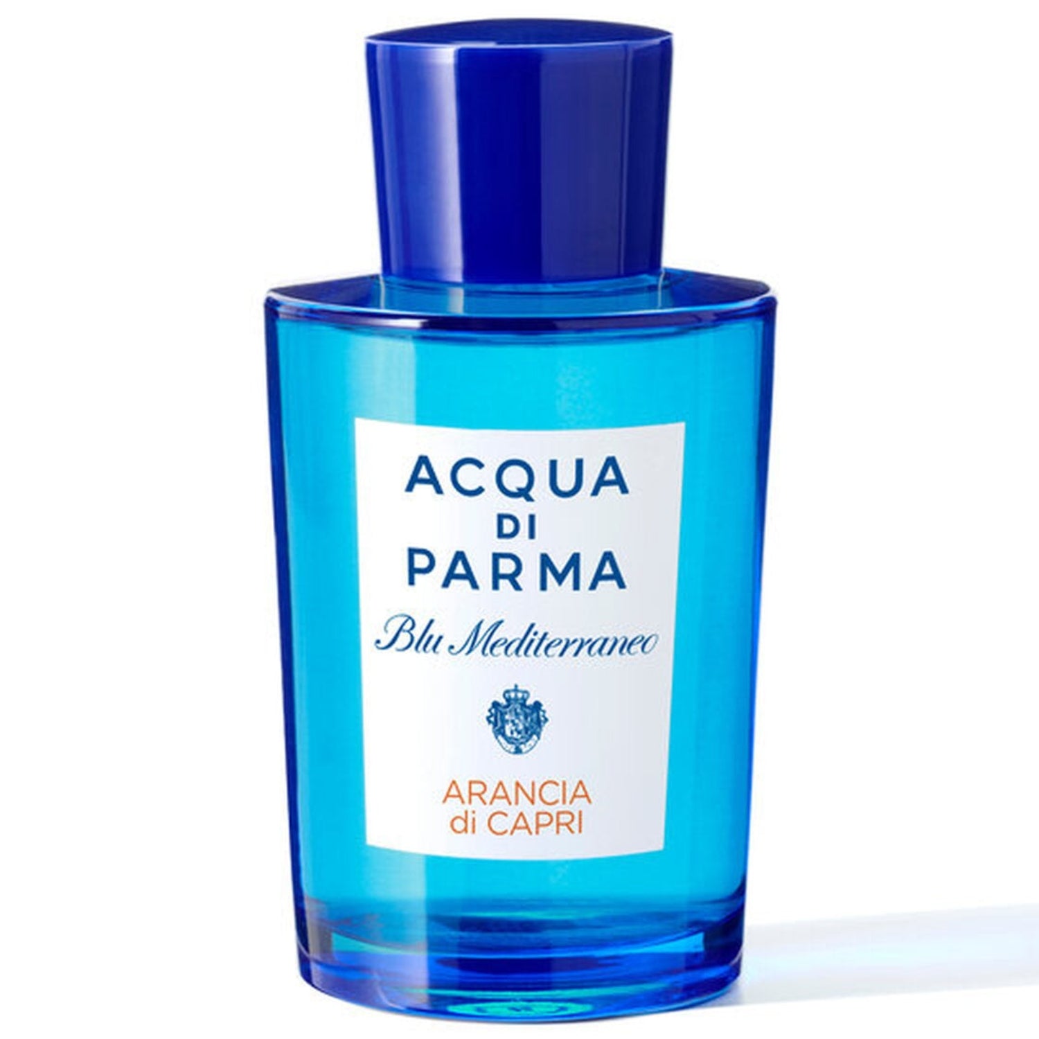 Blue Acqua di Parma perfume bottle on a white background