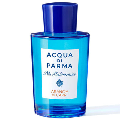 Blue Acqua di Parma perfume bottle on a white background