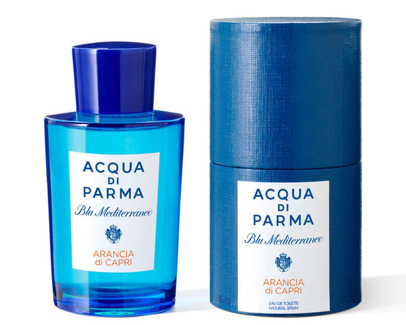 Blue Acqua di Parma perfume bottle and packaging on a white background