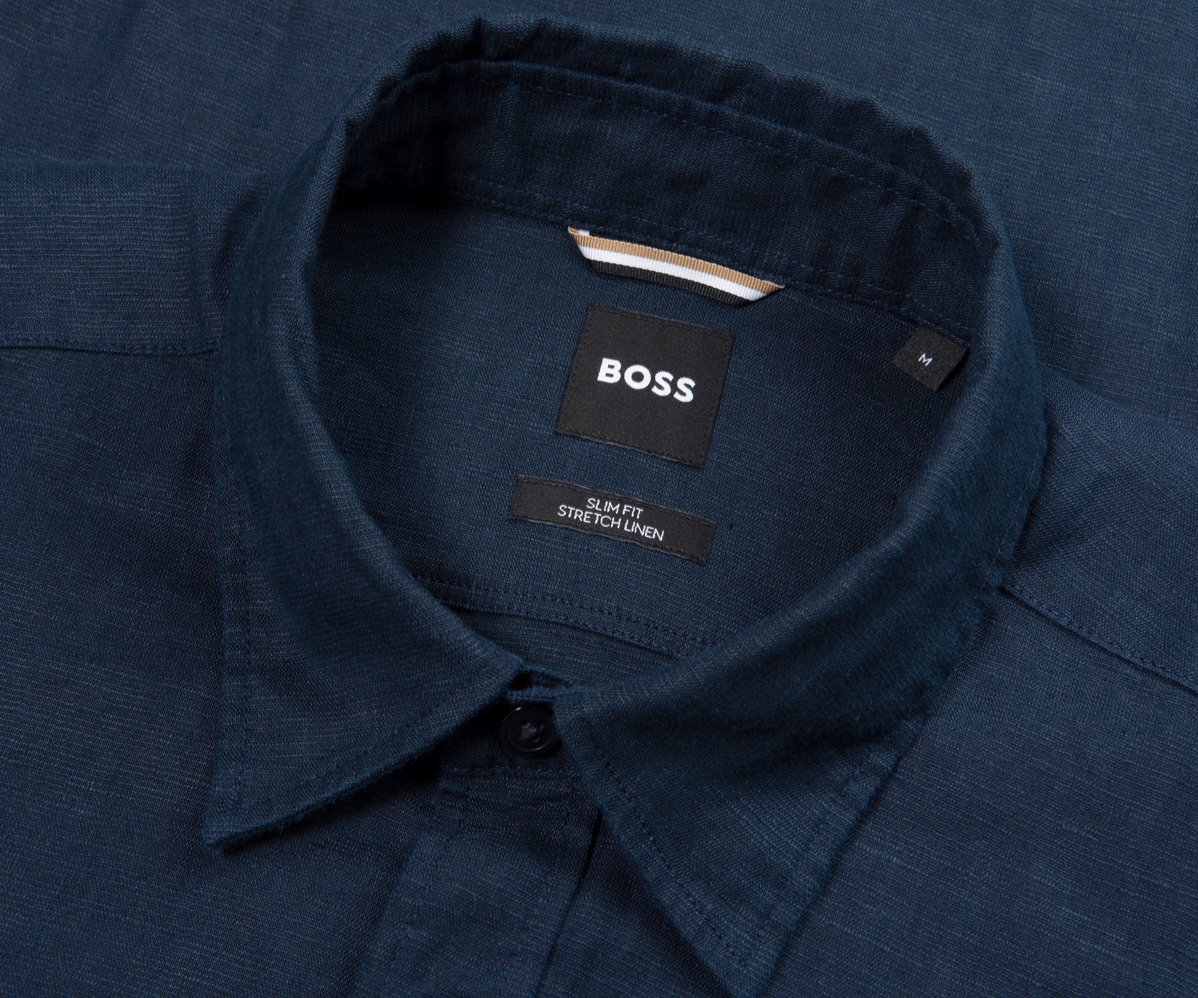 Navy shirt collar with Boss label