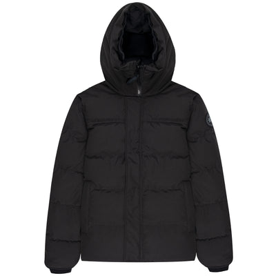 A black Canada Goose MacMillan Parka with a hood, featuring a zipper front and rib knit cuffs.