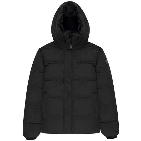 A black Canada Goose MacMillan Parka with a hood, featuring a zipper front and rib knit cuffs.