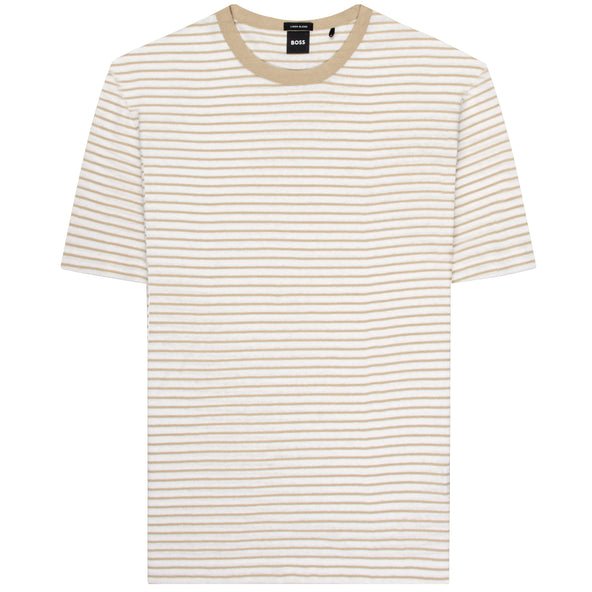 BOSS striped SS Cotton And linen T-Shirt Beige/White