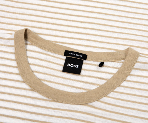 BOSS striped SS Cotton And linen T-Shirt Beige/White