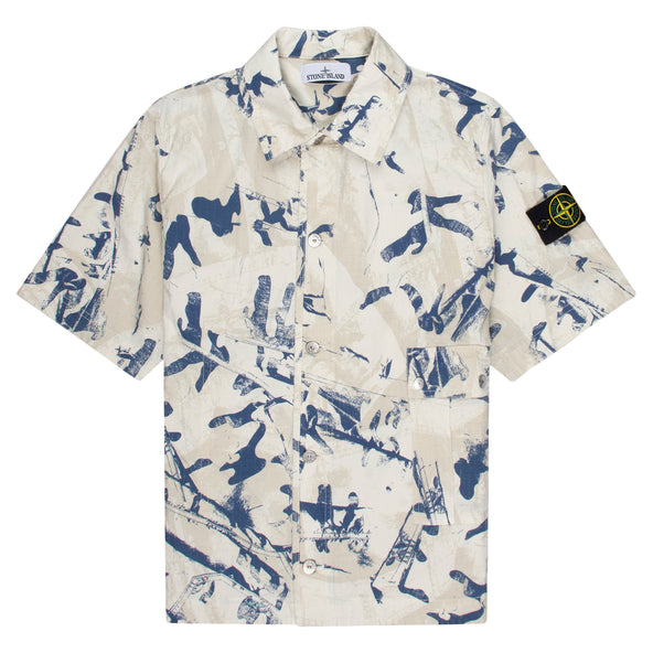 Stone Island Cream/Blue Patterned SS Shirt