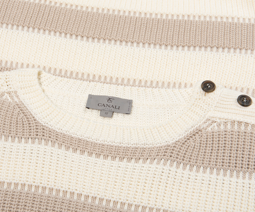 Canali Bar Striped Texture Crewneck Knit Beige/White
