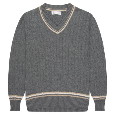 Brunello Cucinelli Cable Knit Cashmere V-Neck Jumper Charcoal