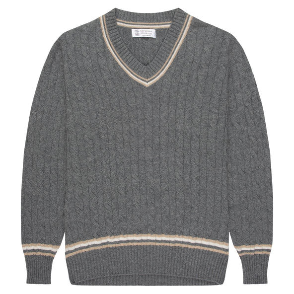 Brunello Cucinelli Cable Knit Cashmere V-Neck Jumper Charcoal