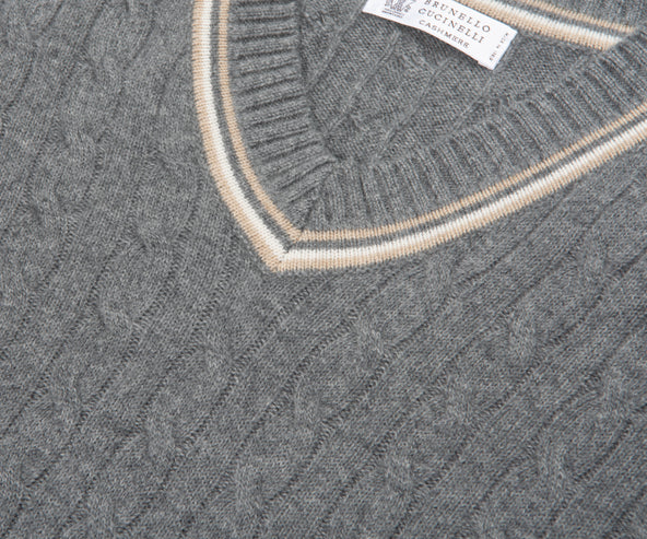 Brunello Cucinelli Cable Knit Cashmere V-Neck Jumper Charcoal