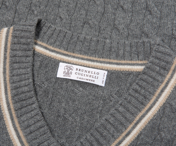 Brunello Cucinelli Cable Knit Cashmere V-Neck Jumper Charcoal