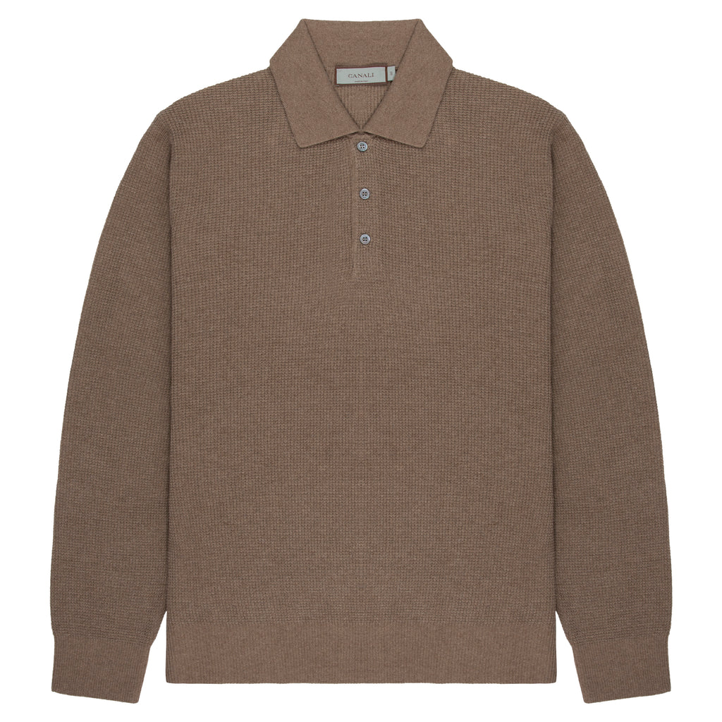 Canali Light Brown Waffle Woollen LS Polo