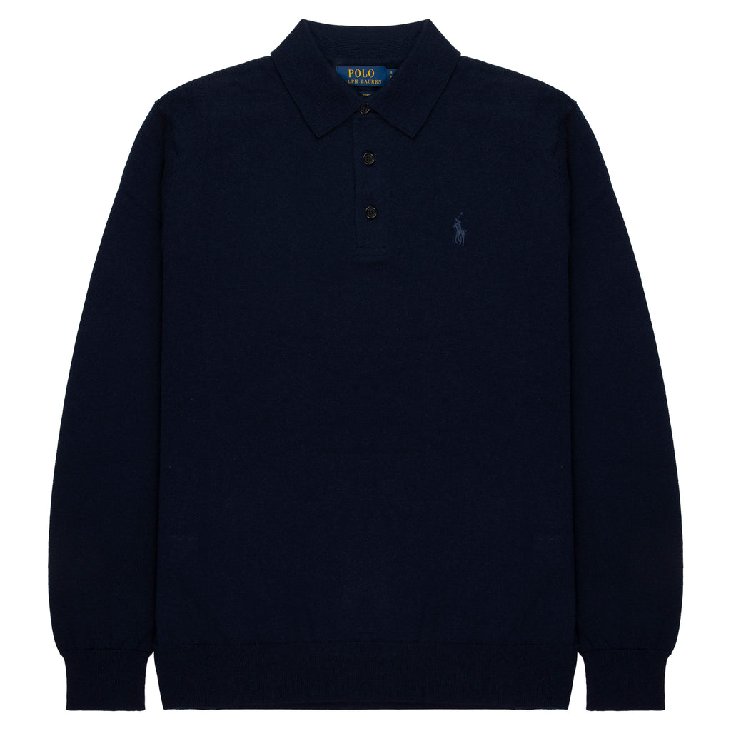 Navy blue sweater with Polo Ralph Lauren logo on a white background