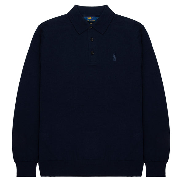 Navy blue sweater with Polo Ralph Lauren logo on a white background