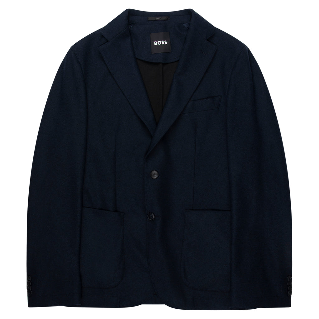 BOSS Navy Soft Jacket in brushed flannel with wool blend and stretch for all-day comfort. 