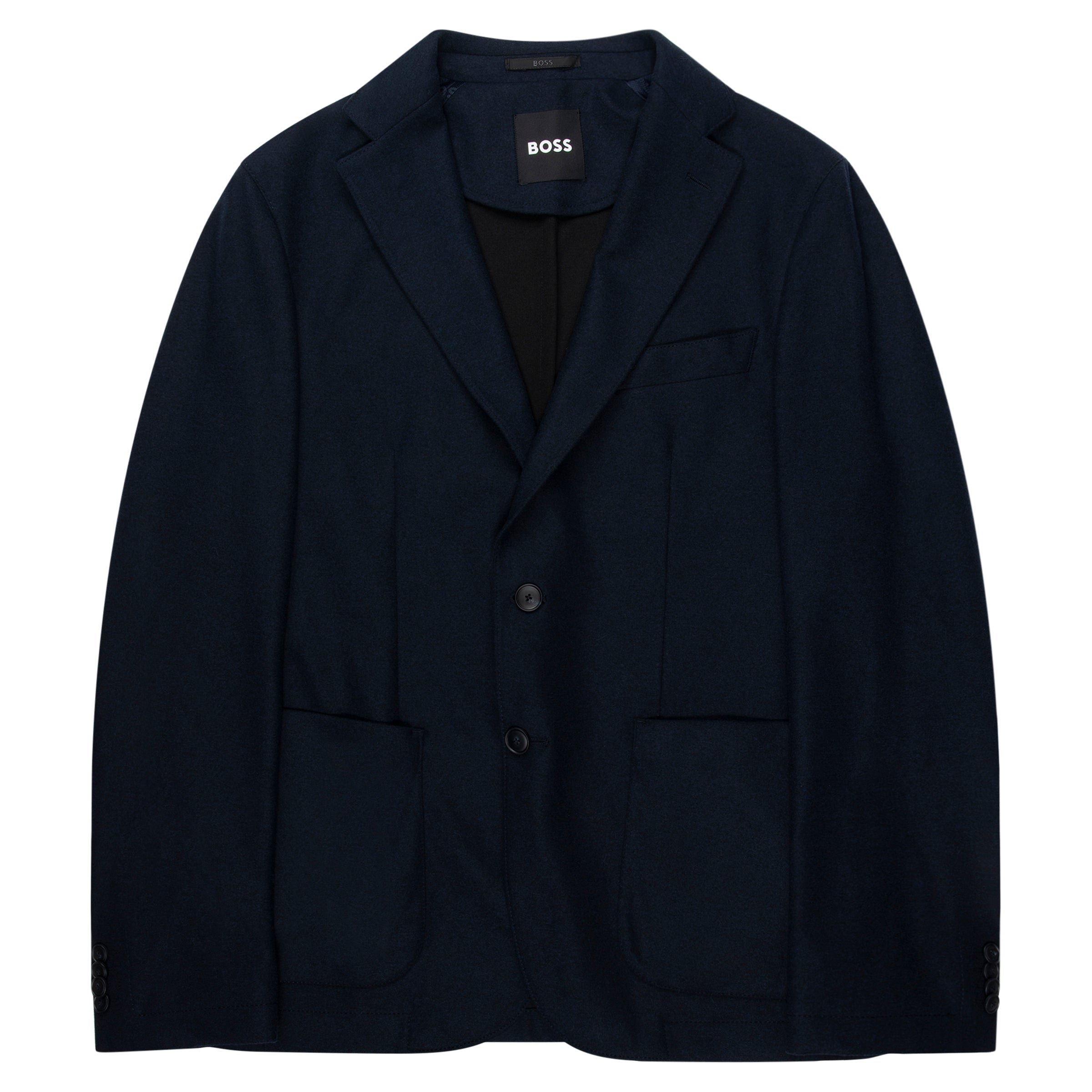 BOSS Navy Soft Jacket in brushed flannel with wool blend and stretch for all-day comfort. 