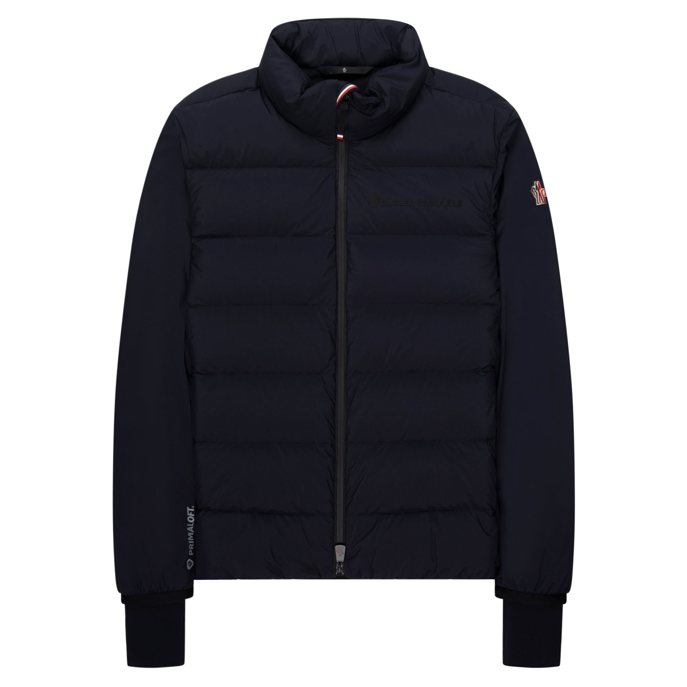 Black puffer jacket with a brand logo on a white background