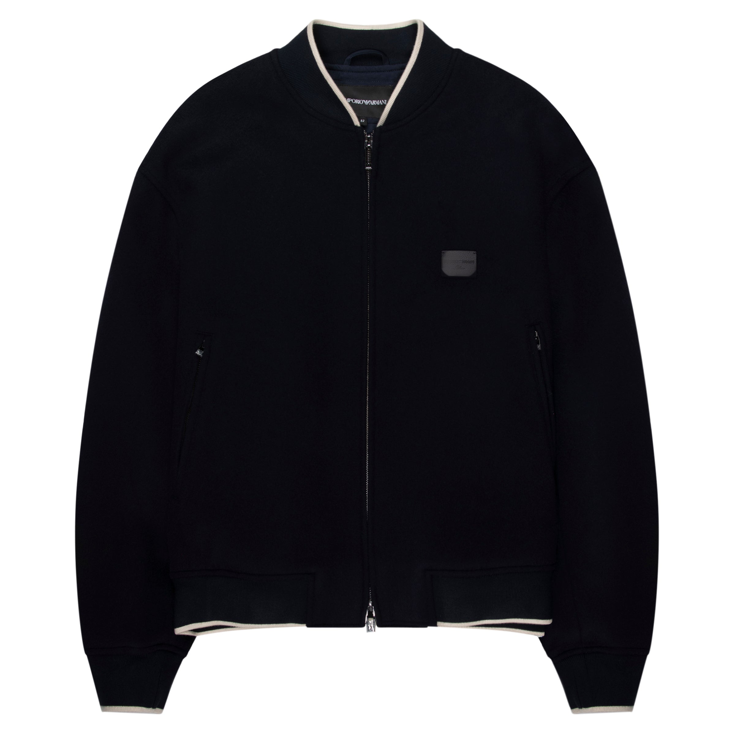 Black jacket with white trim on a white background