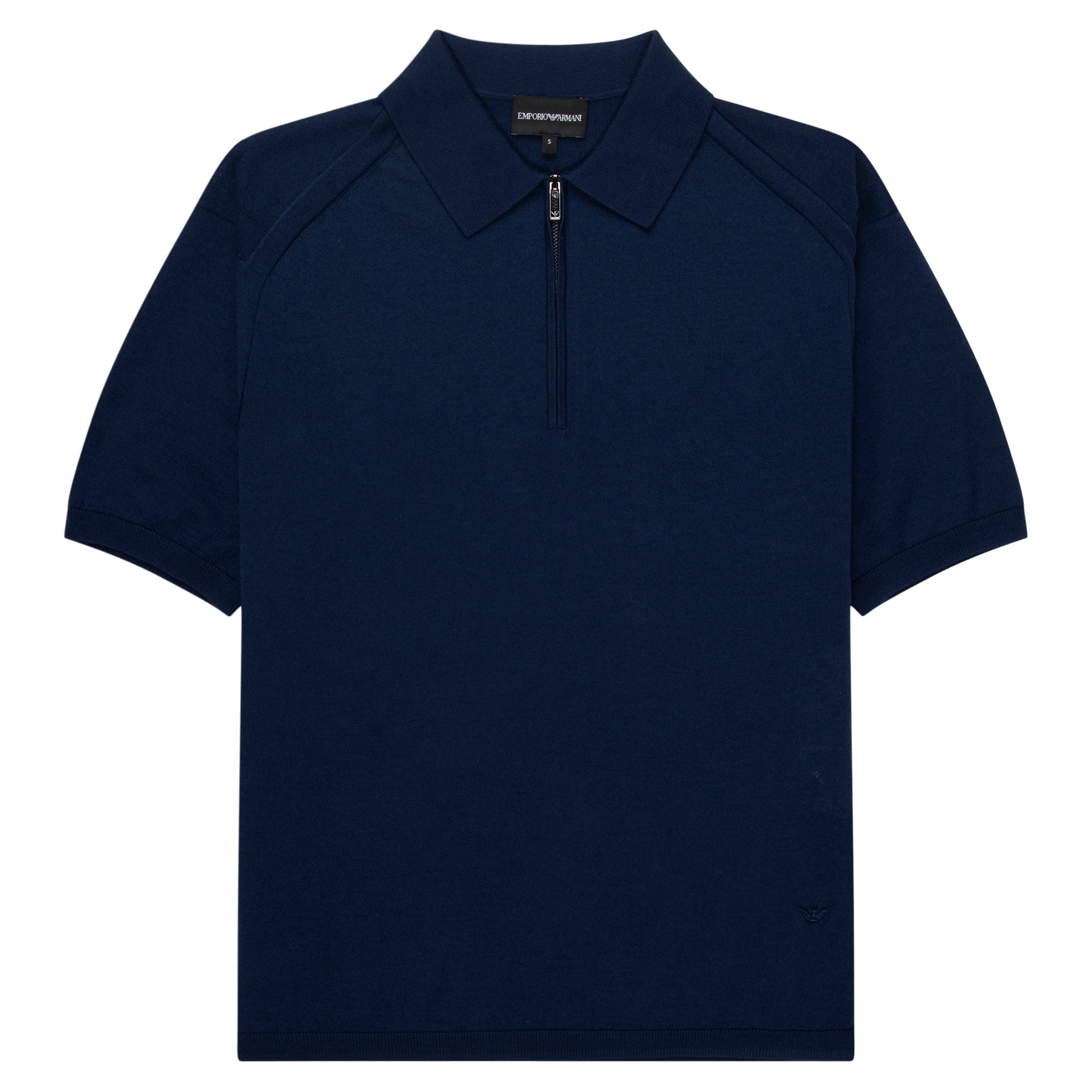 Navy polo shirt with a quarter zip on a white background