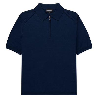 Navy polo shirt with a quarter zip on a white background