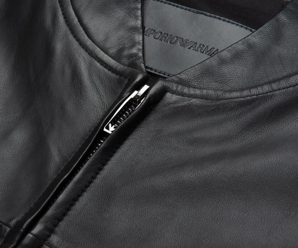 Emporio Armani Black Leather Bomber Jacket