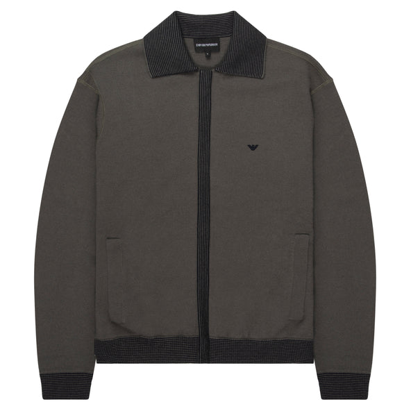 Emporio Armani Khaki Woolen Trim Detailed Full Zip Cardigan – Pockets