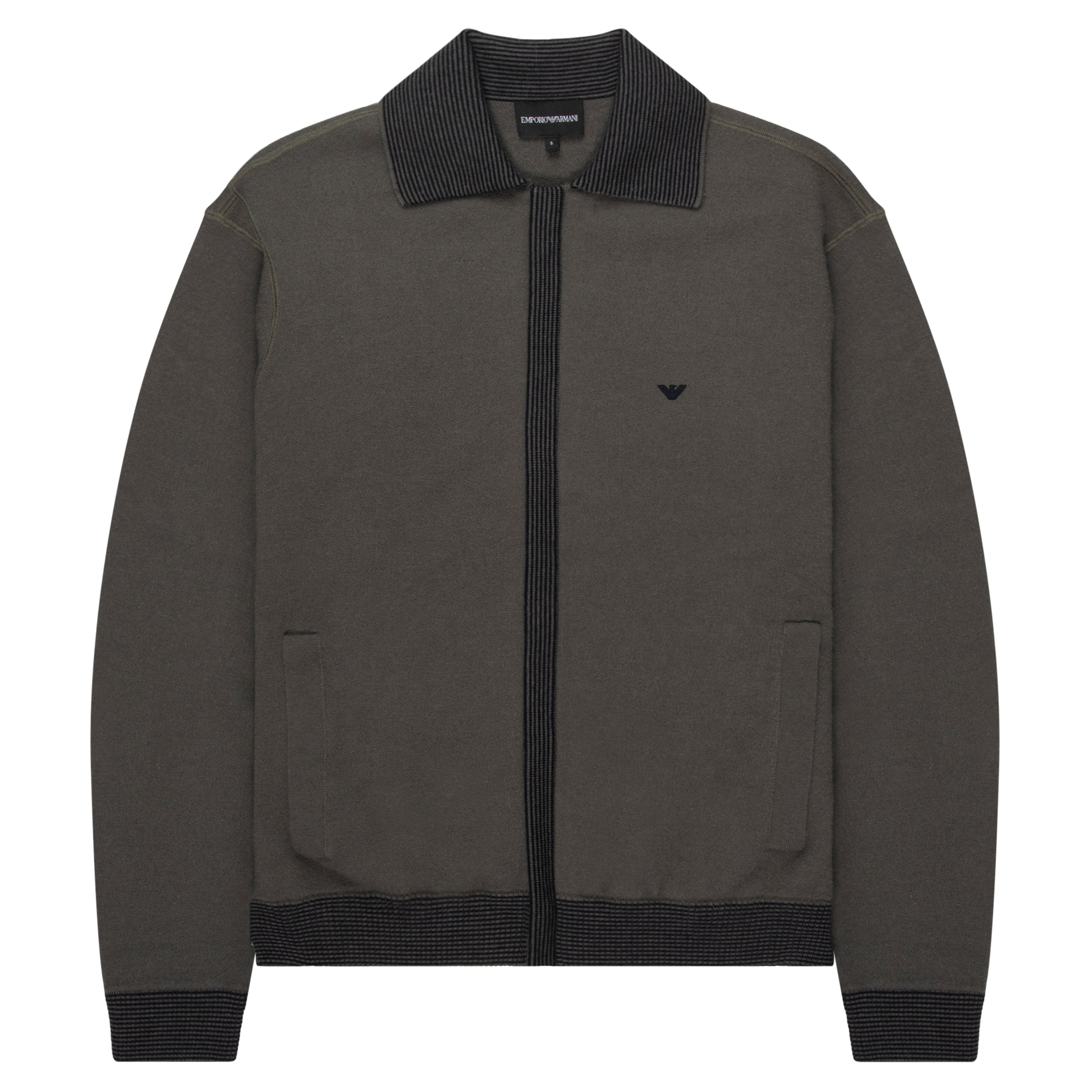 Dark gray jacket with black collar and logo on a white background