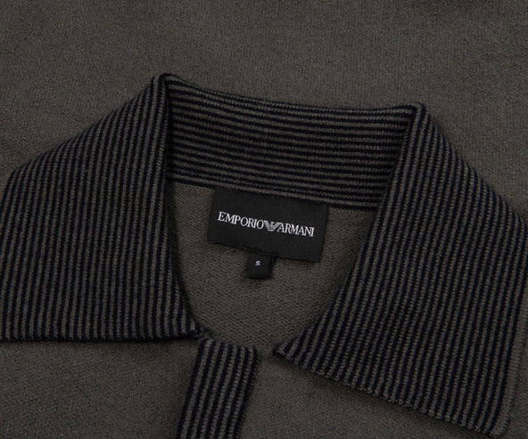 Emporio Armani Khaki Woolen Trim Detailed Full Zip Cardigan