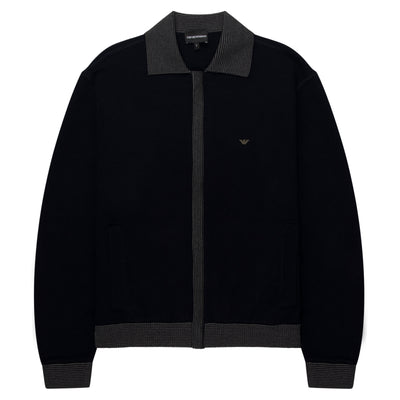 Emporio Armani Navy Woolen Trim Detailed Full Zip Cardigan