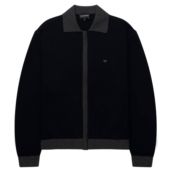 Emporio Armani Navy Woolen Trim Detailed Full Zip Cardigan