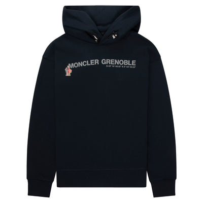 blue hooded sweatshirt with moncler grenoble logo on