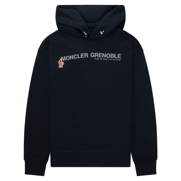 blue hooded sweatshirt with moncler grenoble logo on