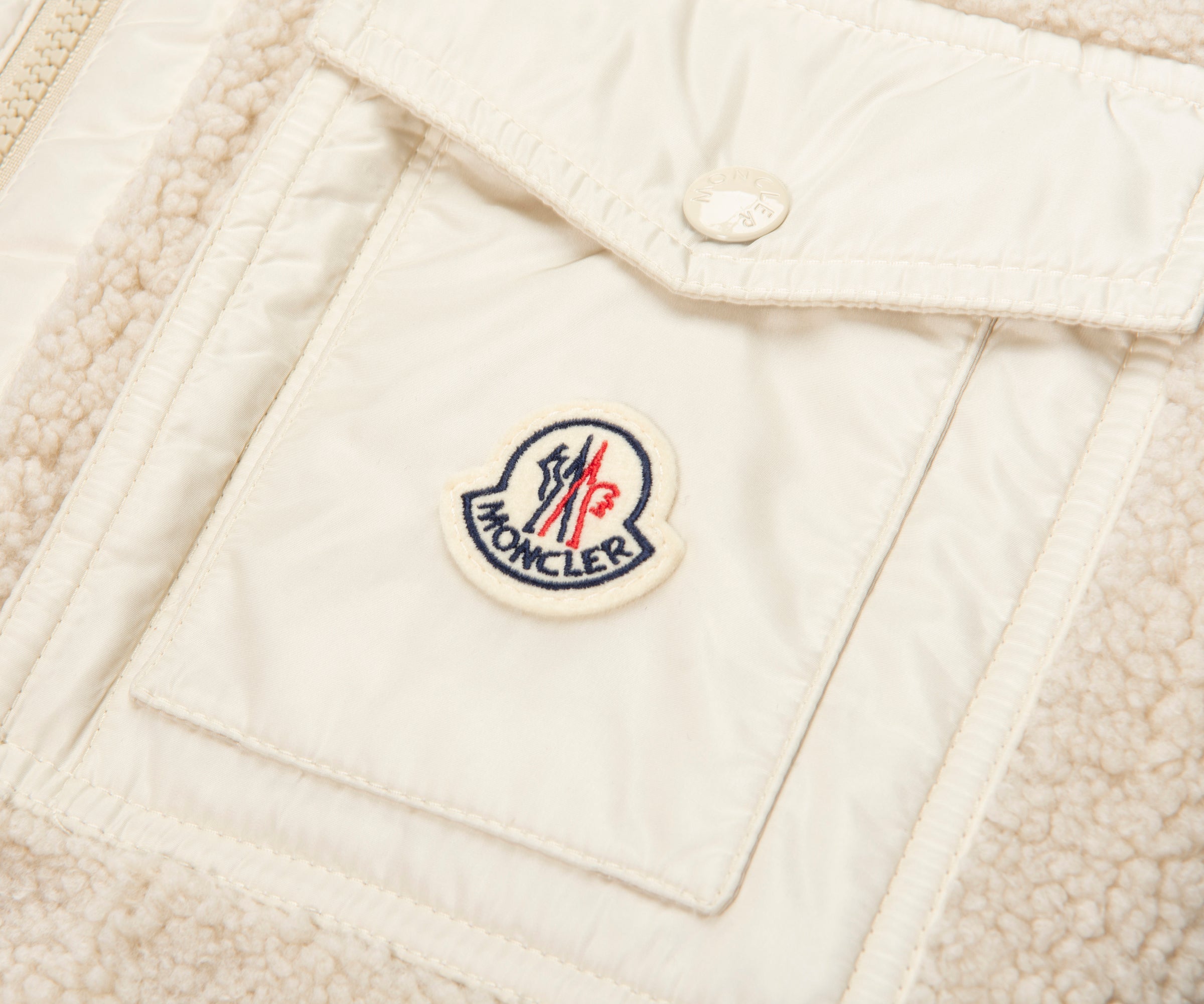 Moncler Cream Teddy Zip Up Sweatshirt Chest Pocket
