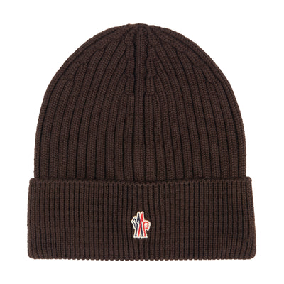 Moncler Grenoble brown wool beanie with small logo badge