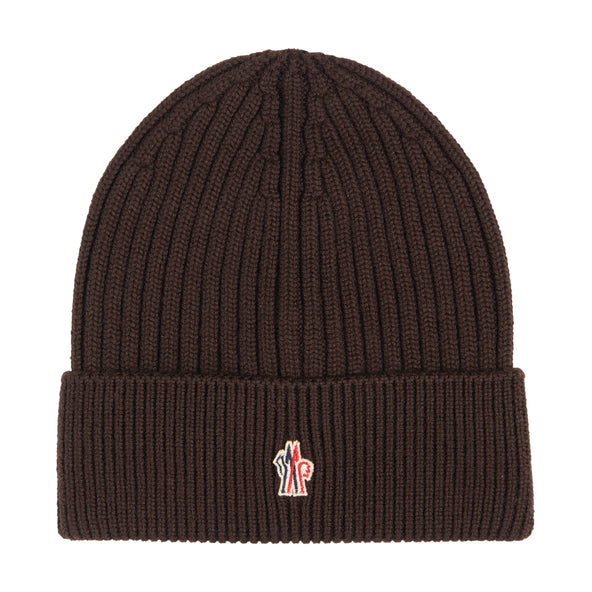 Moncler Grenoble brown wool beanie with small logo badge