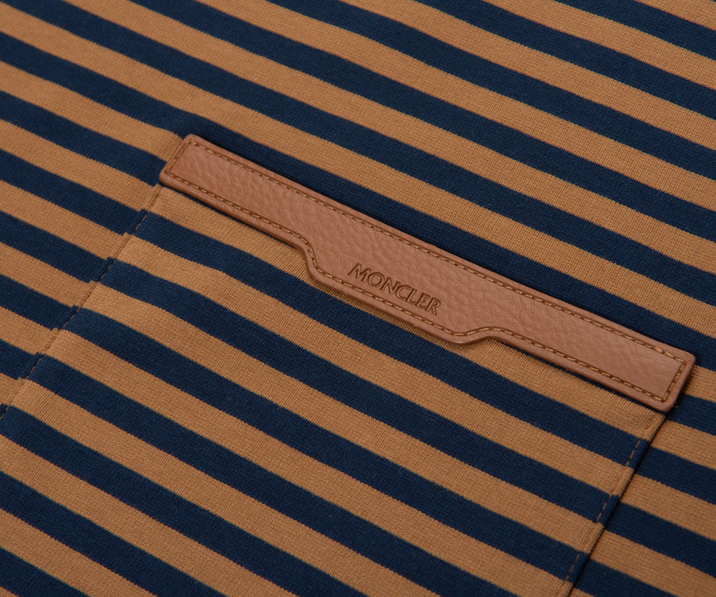 Moncler Navy/ Rust Striped Leather Pocket T-Shirt