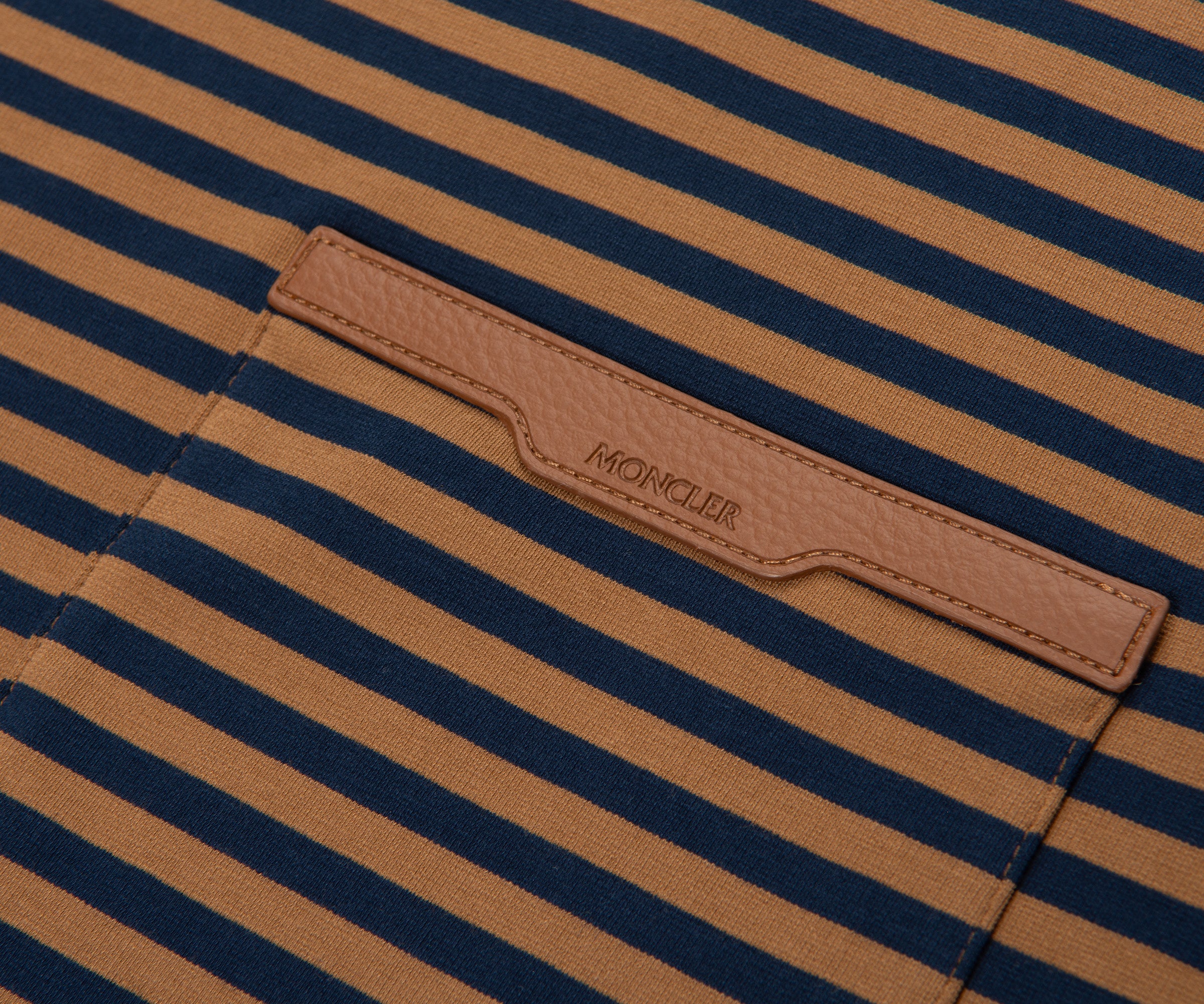 Moncler Navy/ Rust Striped Leather Pocket T-Shirt