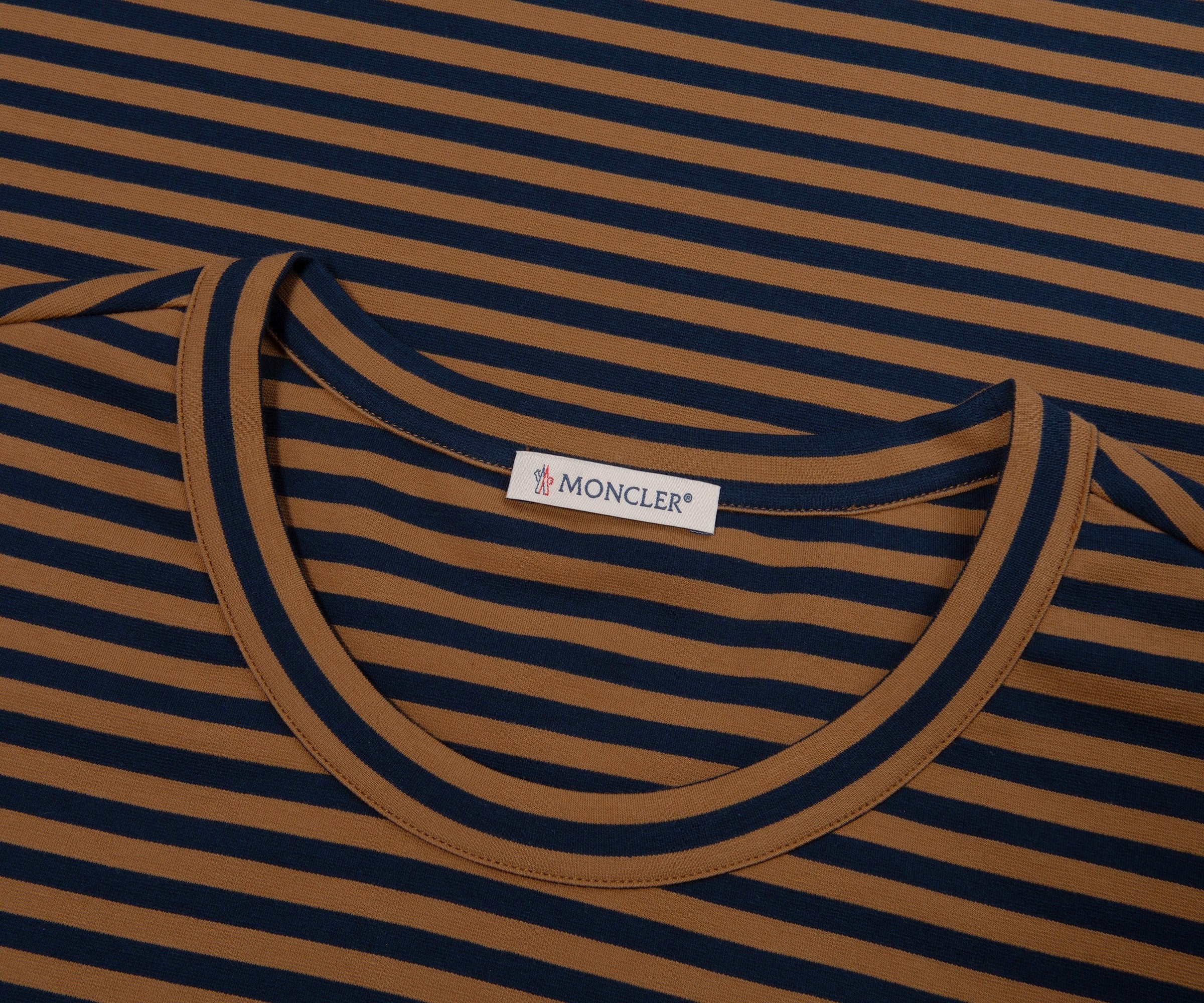 Moncler Navy/ Rust Striped Leather Pocket T-Shirt